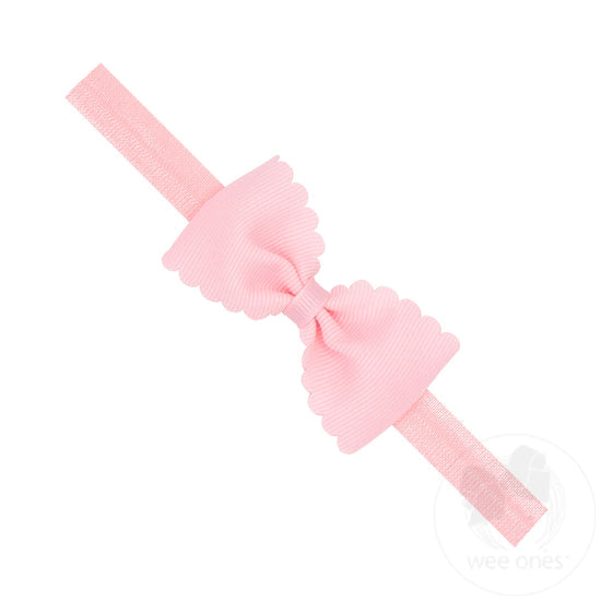 Wee Ones Small Scalloped Edge Grosgrain Bow on Elastic Band-Light Pink