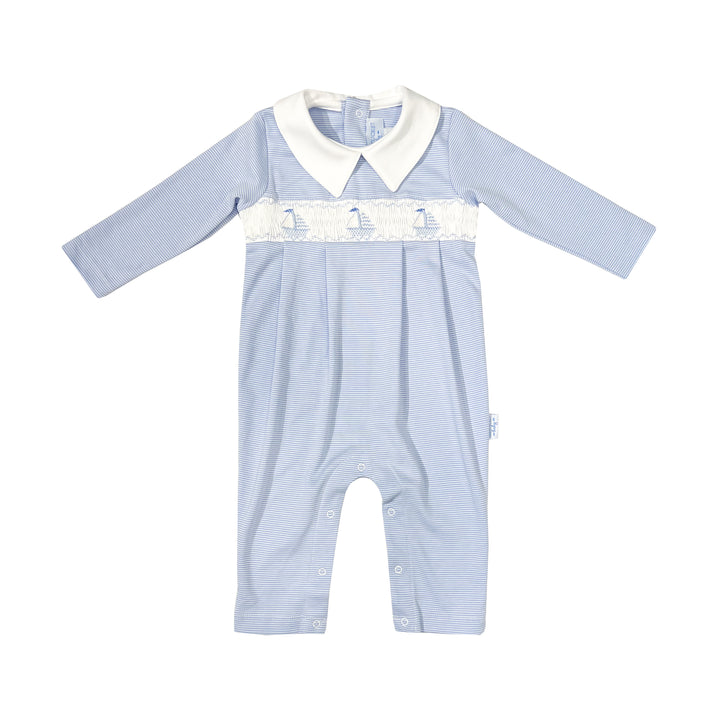 Tradewinds Smocked Pima Romper-Chatham Bars Blue