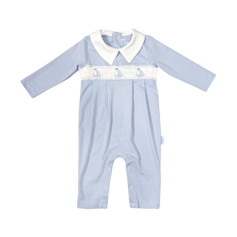 Tradewinds Smocked Pima Romper-Chatham Bars Blue