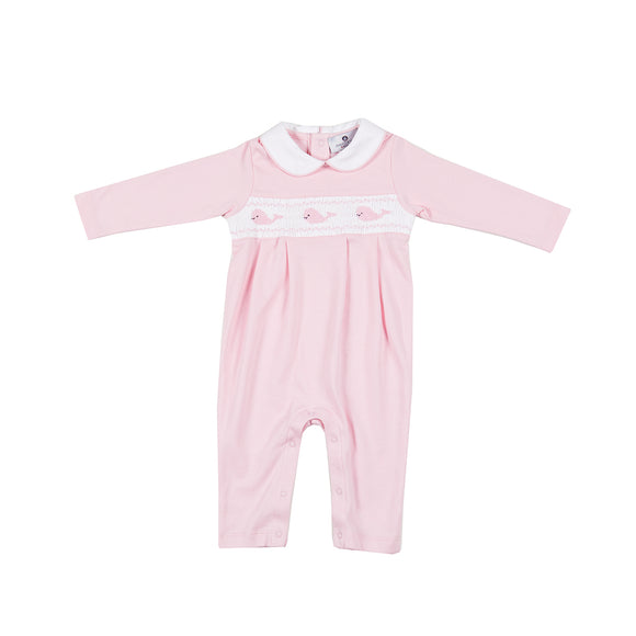 Whale Watch Smocked Pima Romper-Pink