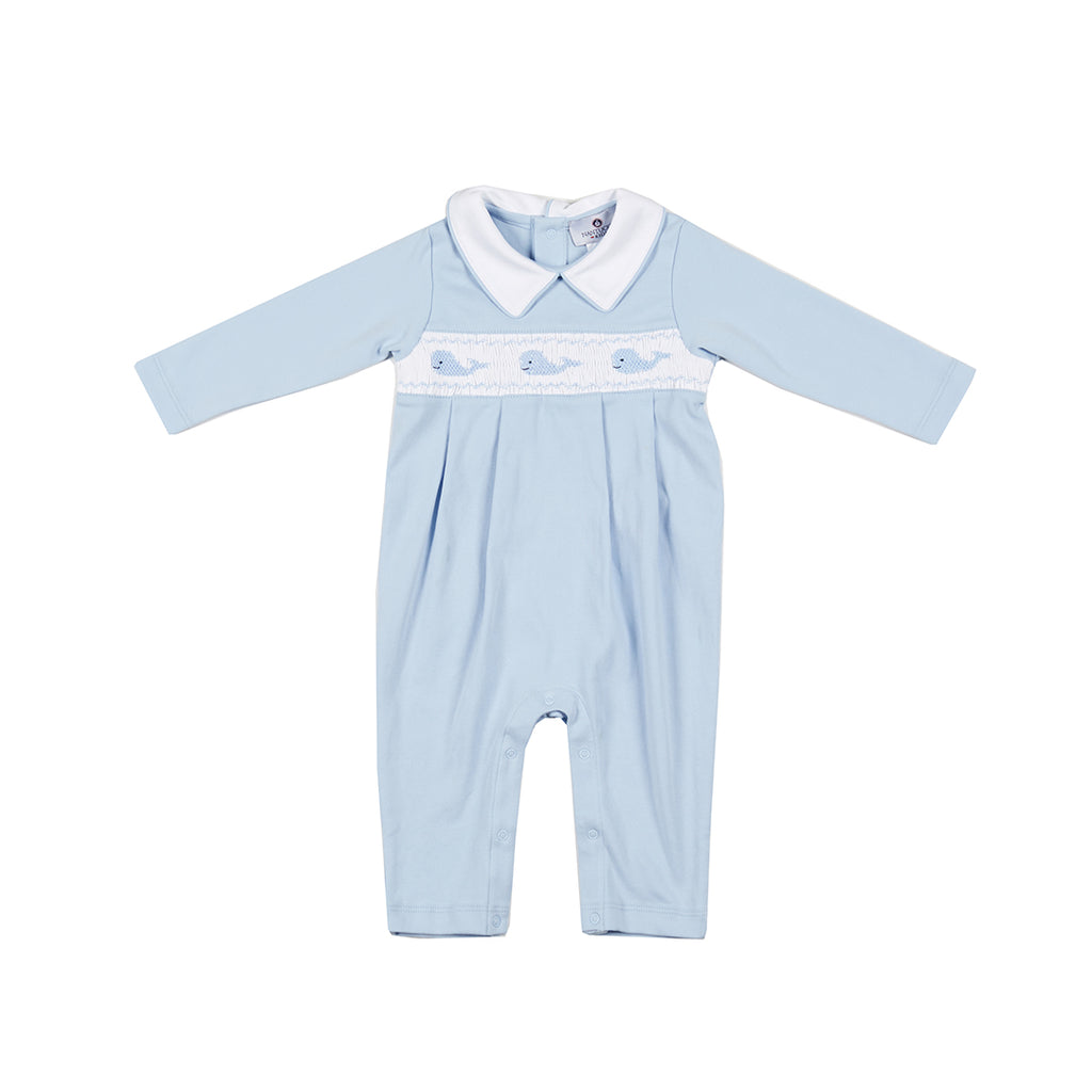 Whale Watch Smocked Pima Romper-Blue