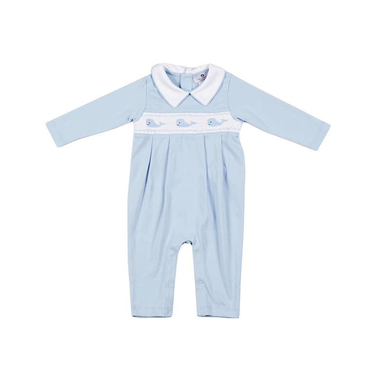 Whale Watch Smocked Pima Romper-Blue