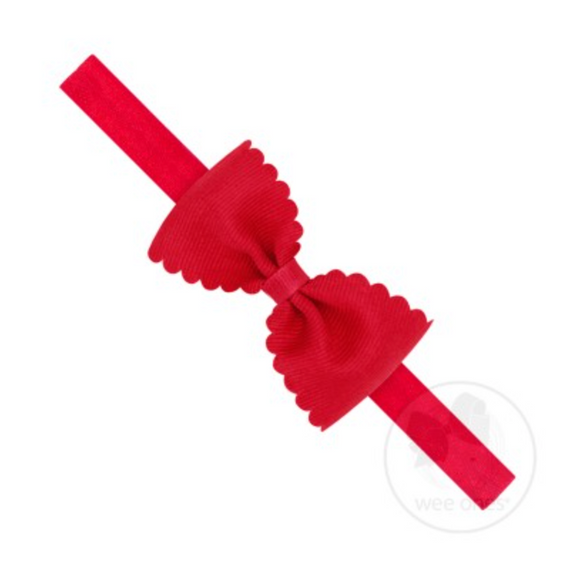 Wee Ones Small Scalloped Edge Grosgrain Bow on Elastic Band-Red