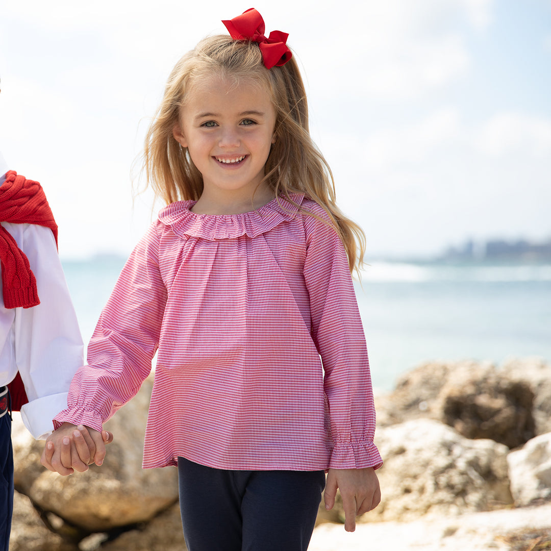 Riley Ruffle Blouse-Royal Red Microcheck
